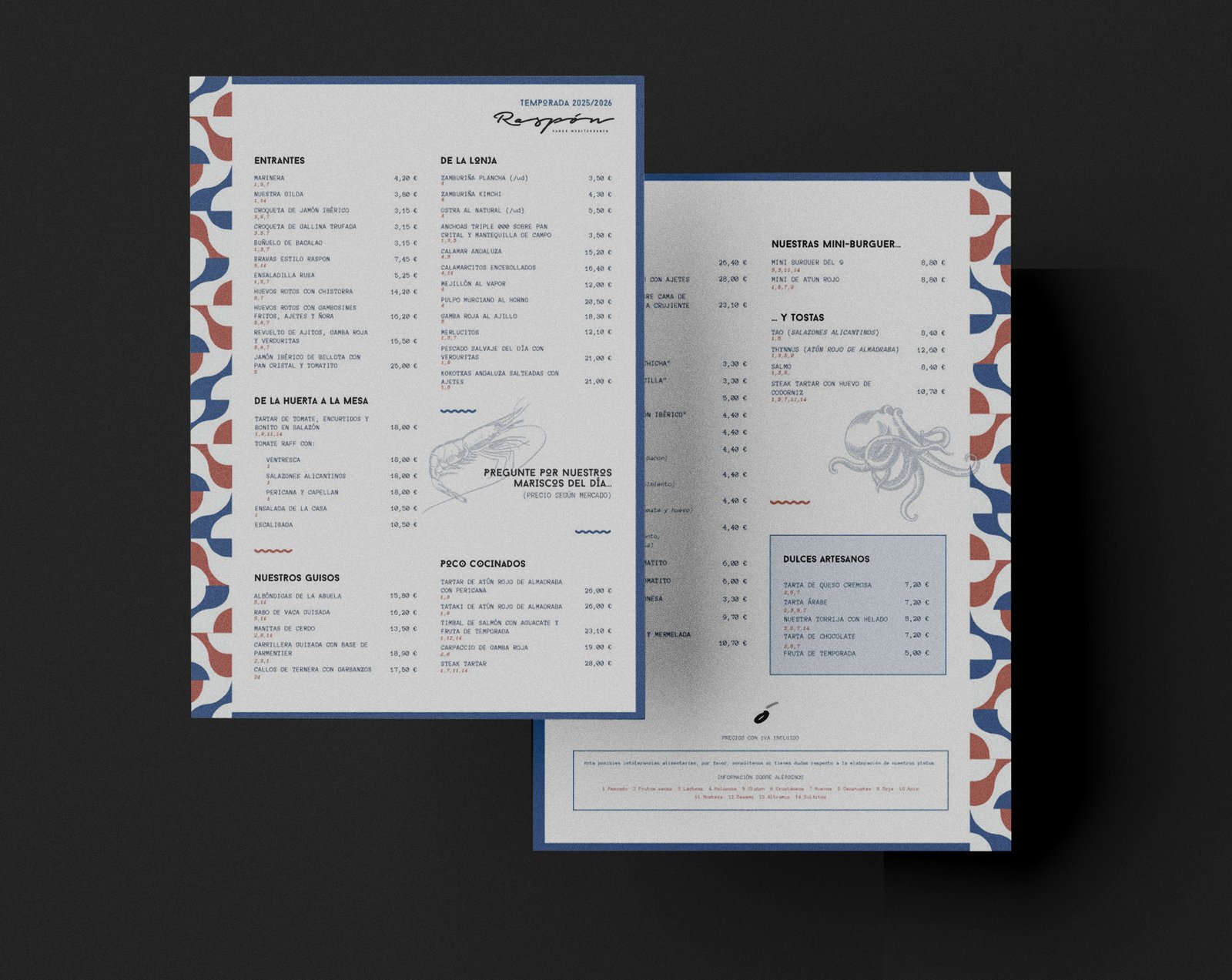 Maquetación de menú para restaurante de producto típico. Diseño gráfico en Alicante inspirado en la Explanada.