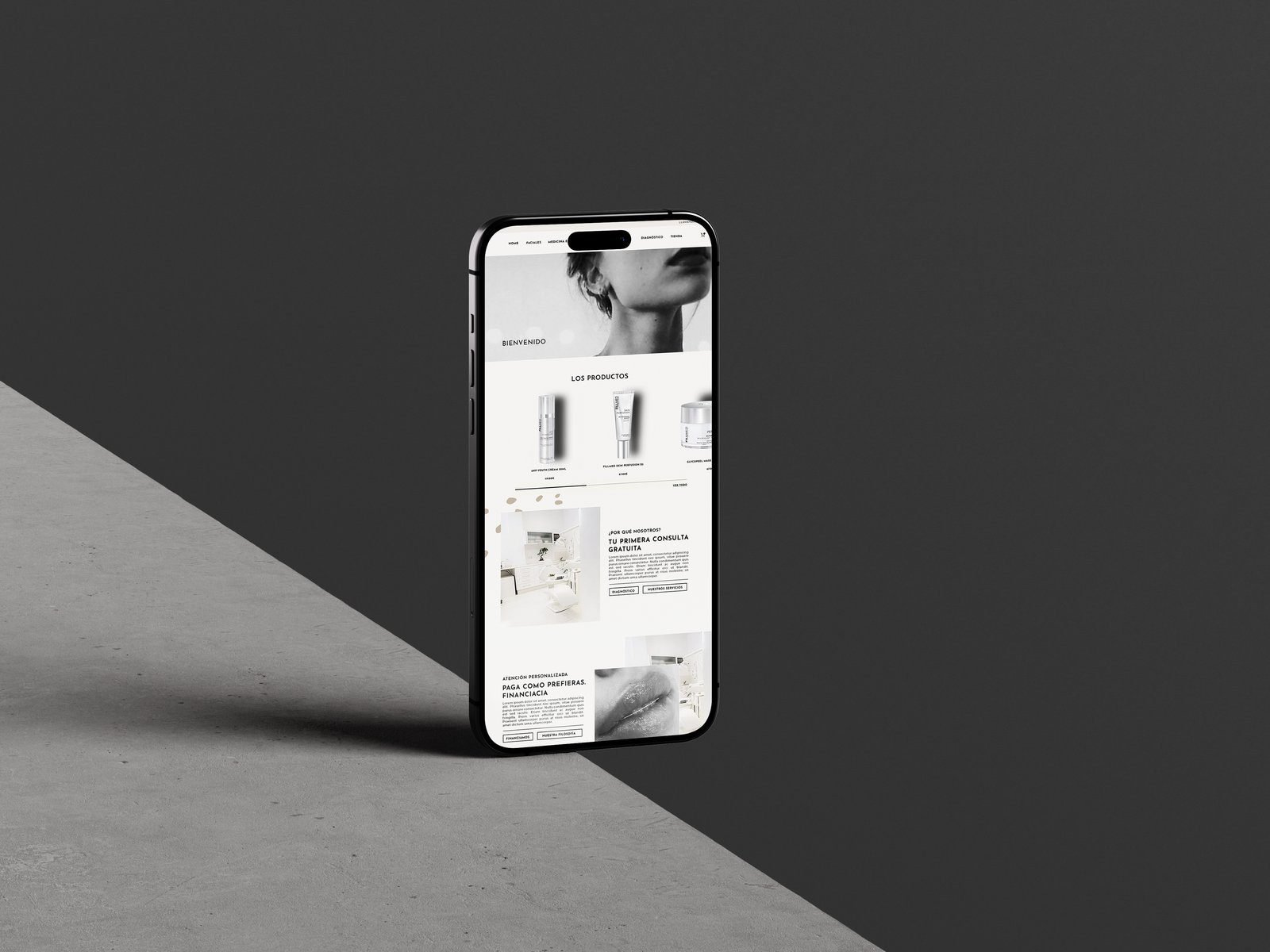 Mockup de móvil con el diseño web para Fillmed Skincare, proyecto de VIORLABS, agencia de diseño web y branding en Alicante